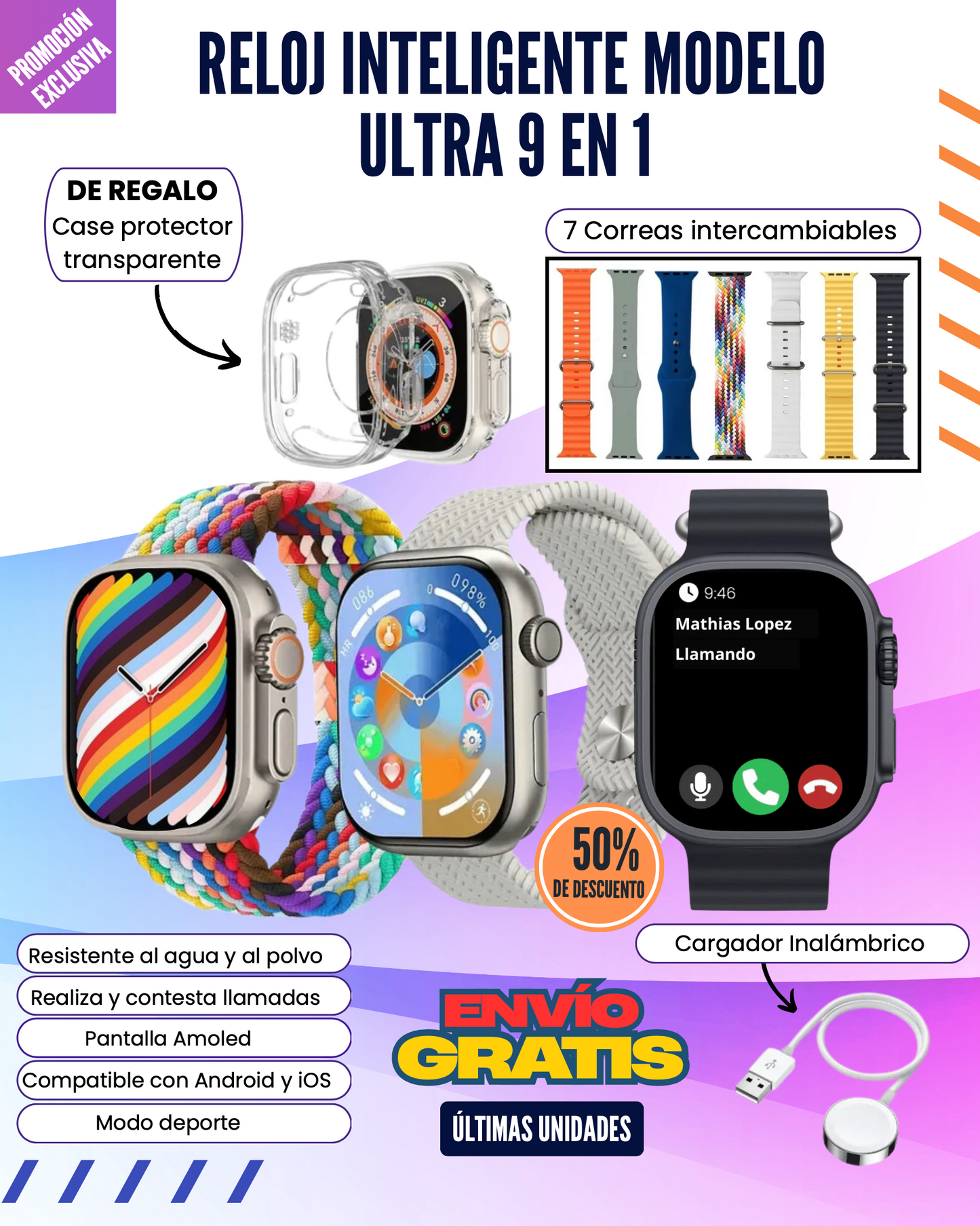 🎉🚨 Smart Watch 9 en 1 🚨🎉 Modelo y fabricación 2026 Ultra 3, Pantalla Amoled IP68 resistente al agua💦 y al polvo💨