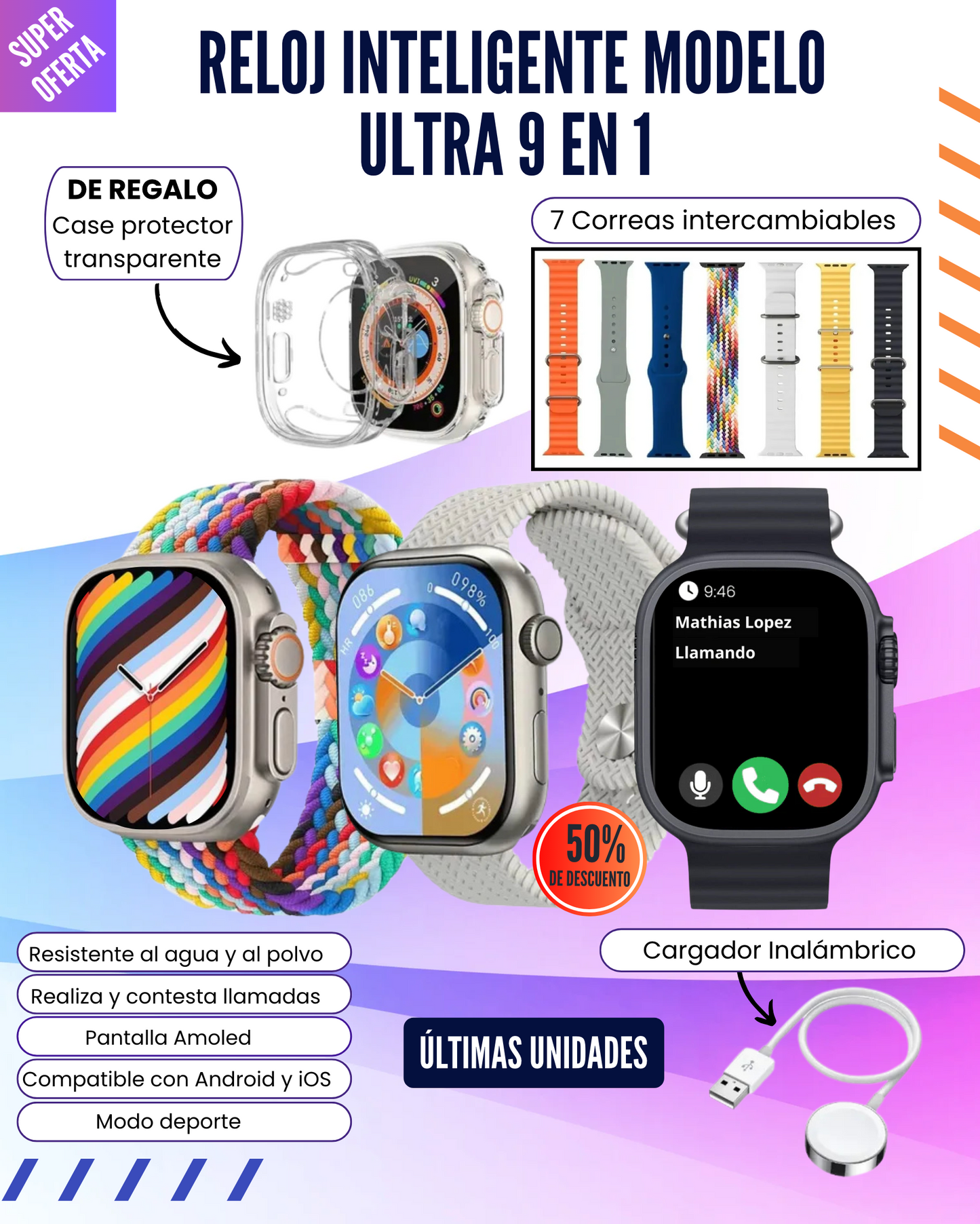 🎉🚨 Smart Watch 9 en 1 🚨🎉 Modelo y fabricación 2026 Ultra 3, Pantalla Amoled IP68 resistente al agua💦 y al polvo💨